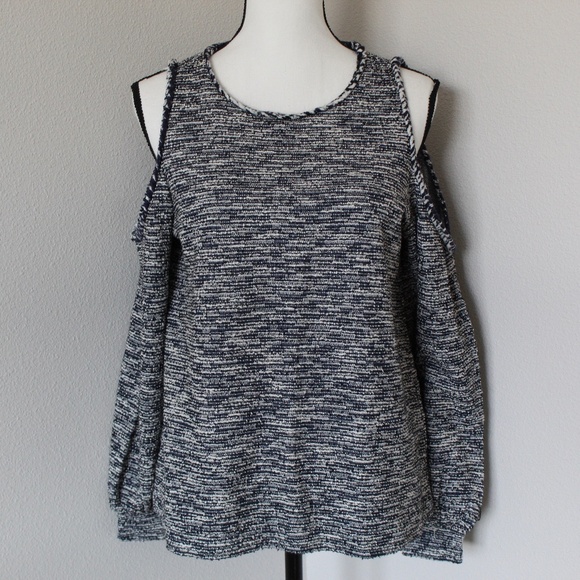Navy Blue & White Textured Balloon Sleeve Cold Shoulder Sweater - Picture 1 of 7